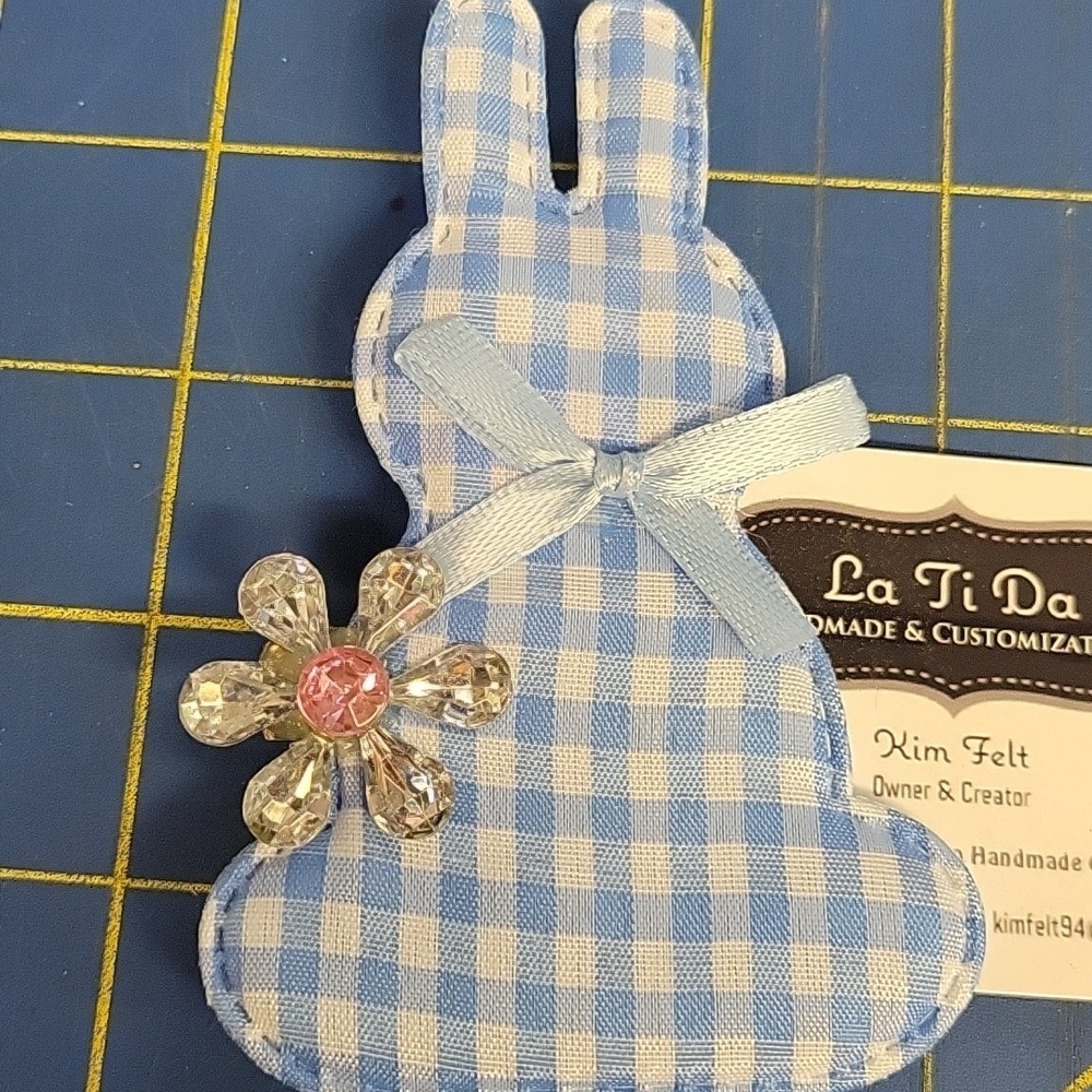 La Ti Da Handmade Creations Gingham Bunny Hair Clip 4" Blue Easter Spring Rabbit